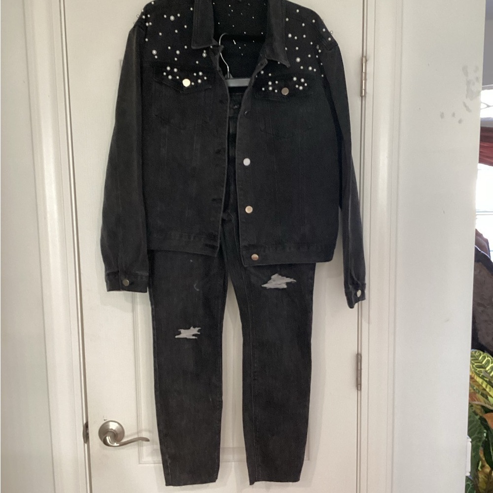 Denim Jacket and Distressed Jeans Set with Faux Pearls